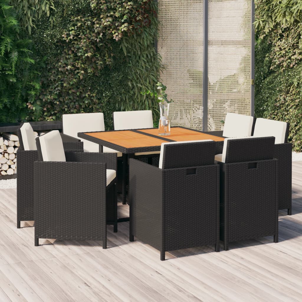 9-Delige Tuinset Met Kussens Poly Rattan Zwart En Crèmewit