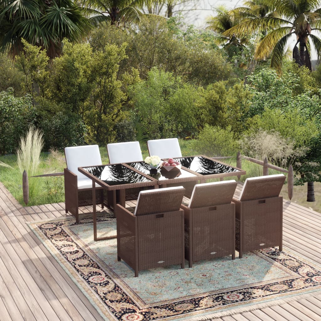 7-Delige Tuinset Met Kussens Poly Rattan Bruin En Crèmewit