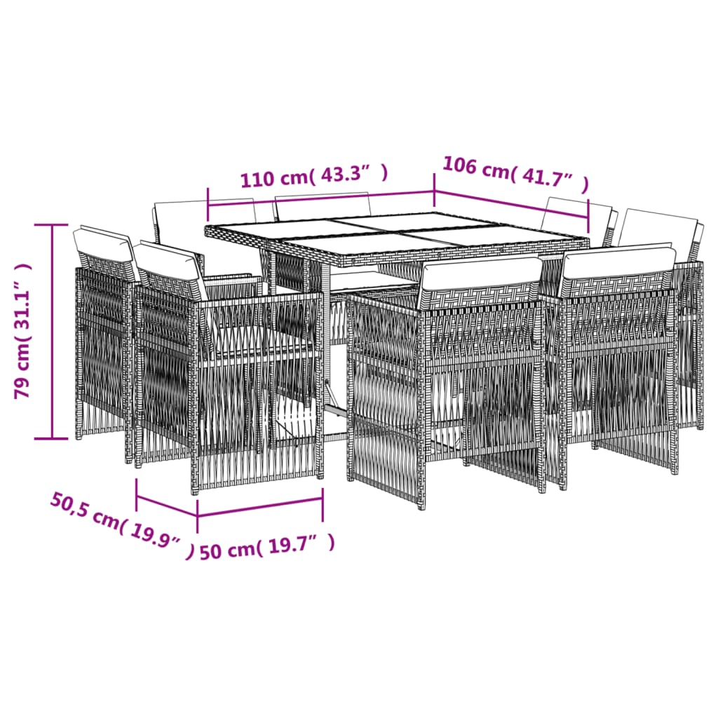 9-Delige Tuinset Met Kussens Poly Rattan
