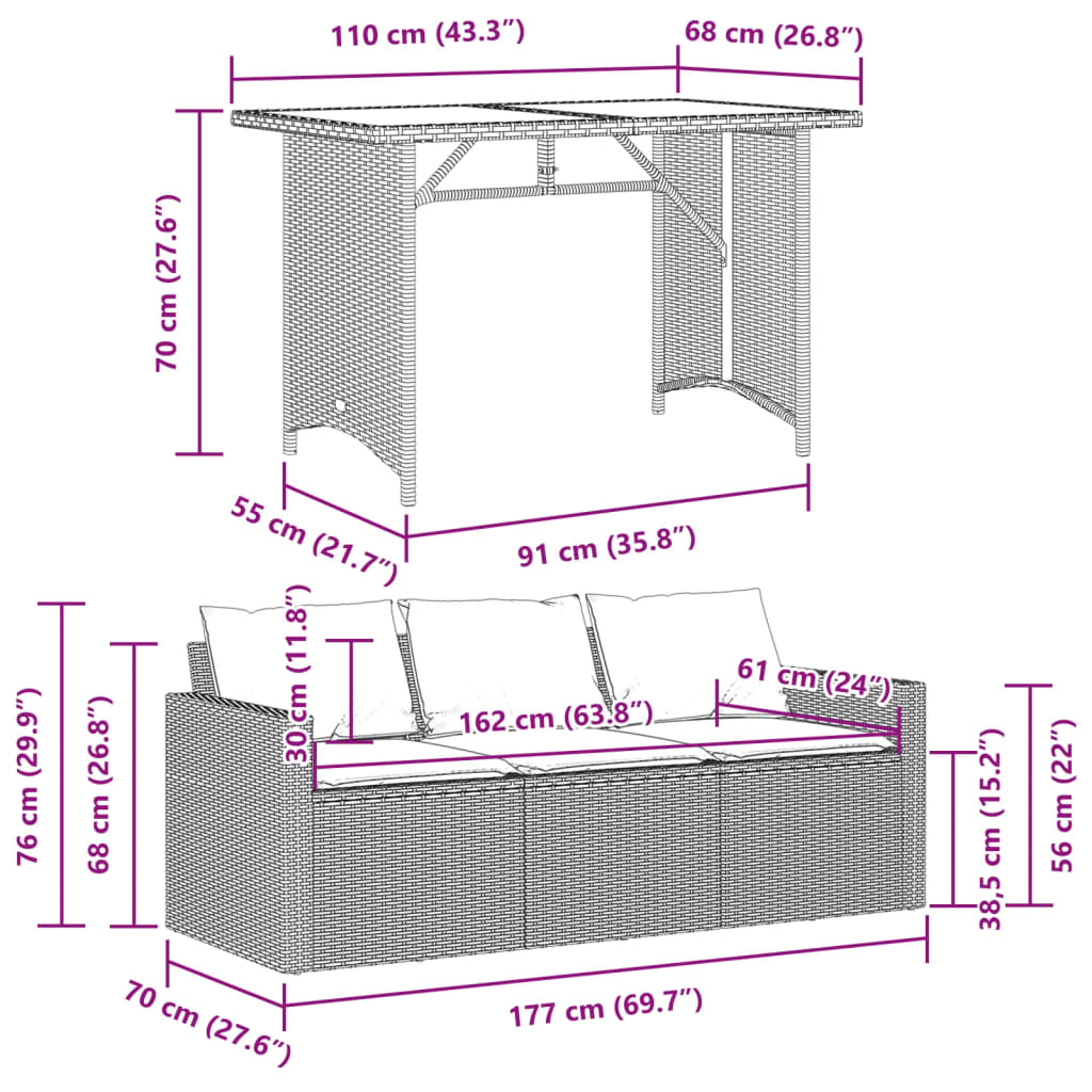 2-Delige Tuinset Met Kussens Poly Rattan