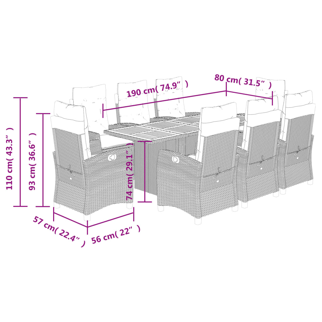 9-Delige Tuinset Met Kussens Poly Rattan