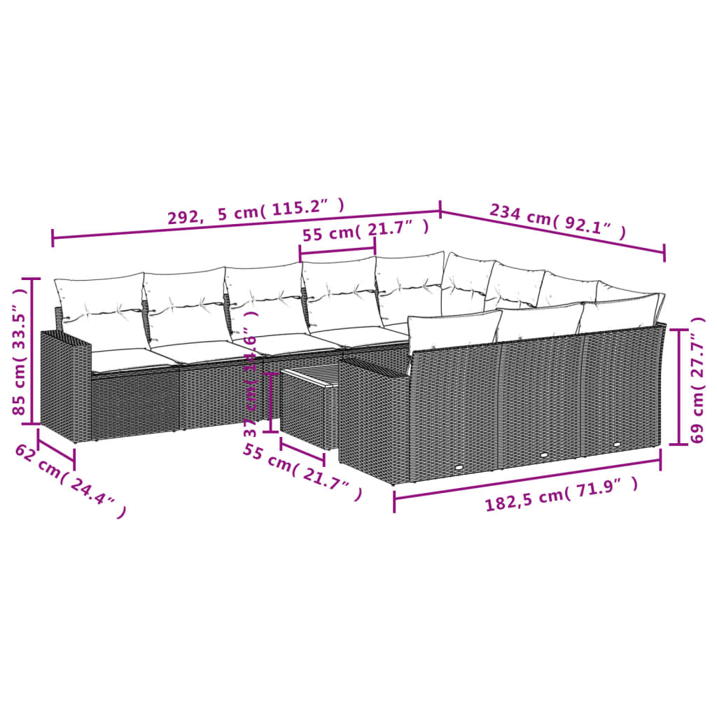 11-Delige Tuinset Met Kussens Poly Rattan
