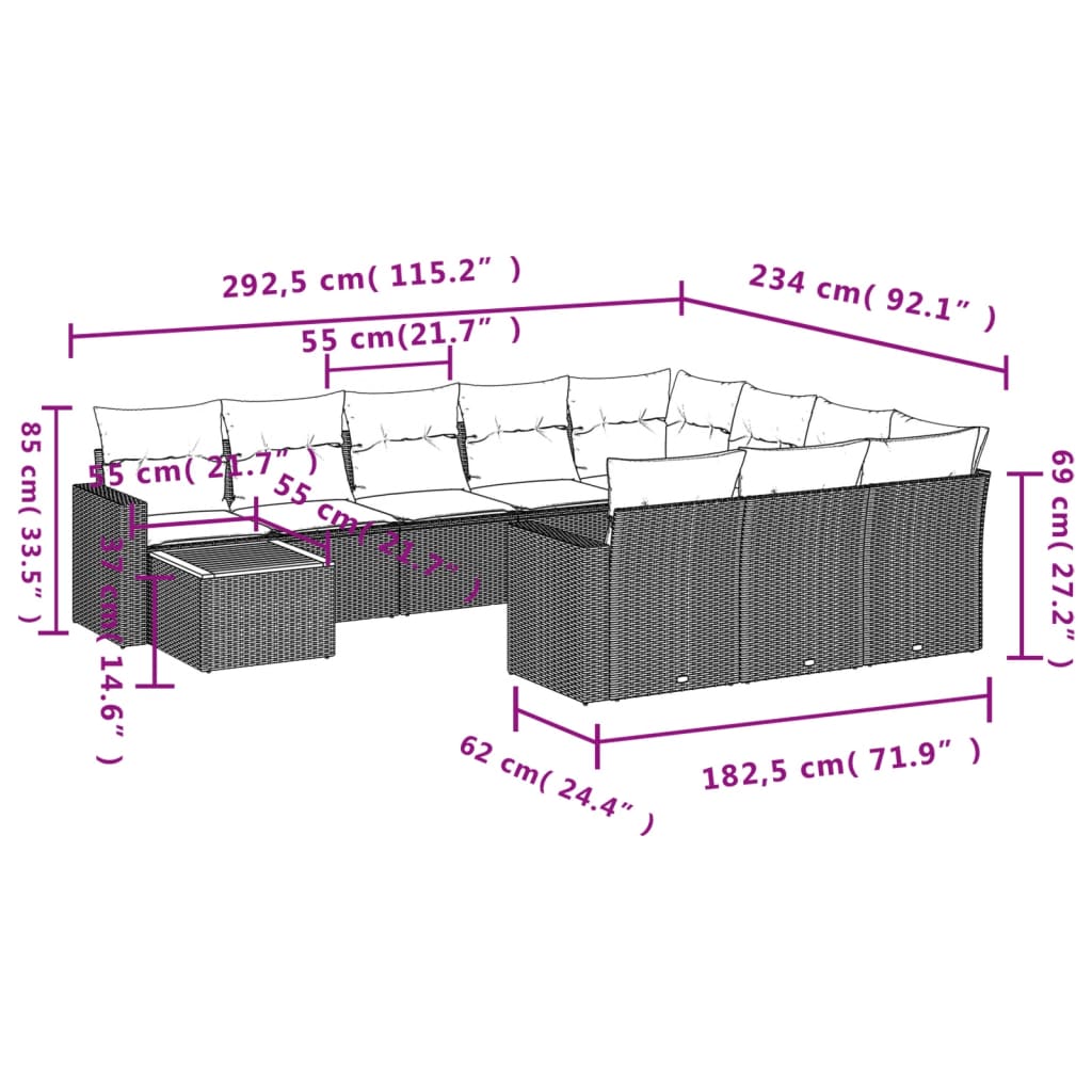 11-Delige Tuinset Met Kussens Poly Rattan