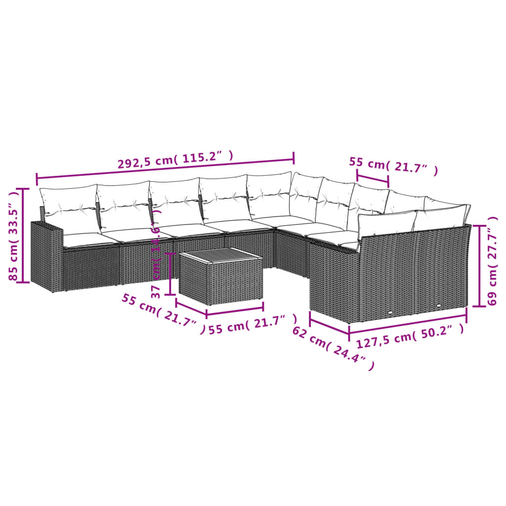 11-Delige Tuinset Met Kussens Poly Rattan