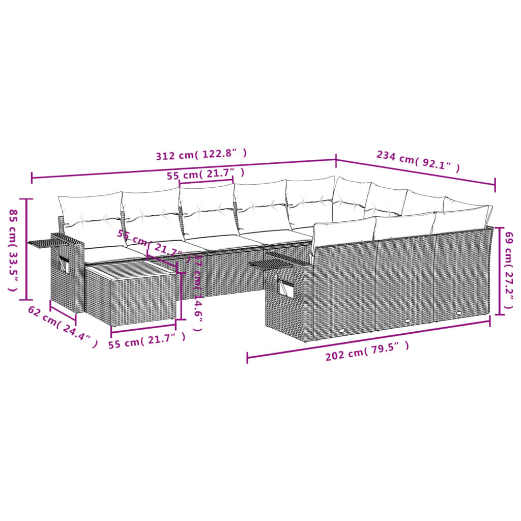 11-Delige Tuinset Met Kussens Poly Rattan