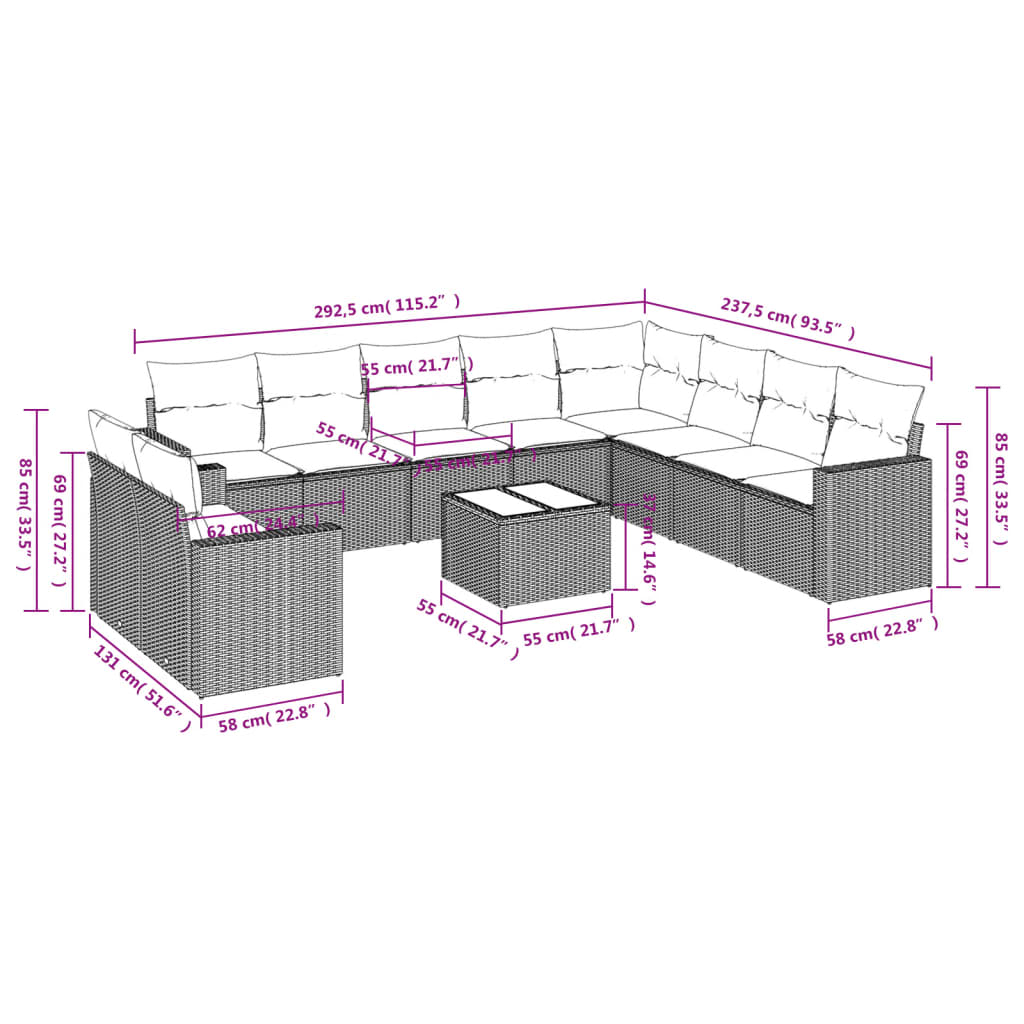 11-Delige Tuinset Met Kussens Poly Rattan