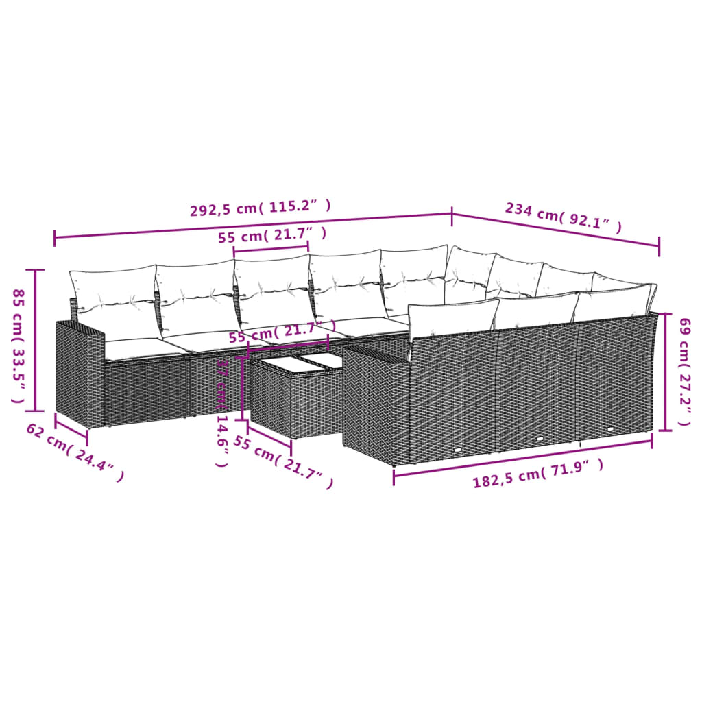 11-Delige Tuinset Met Kussens Poly Rattan