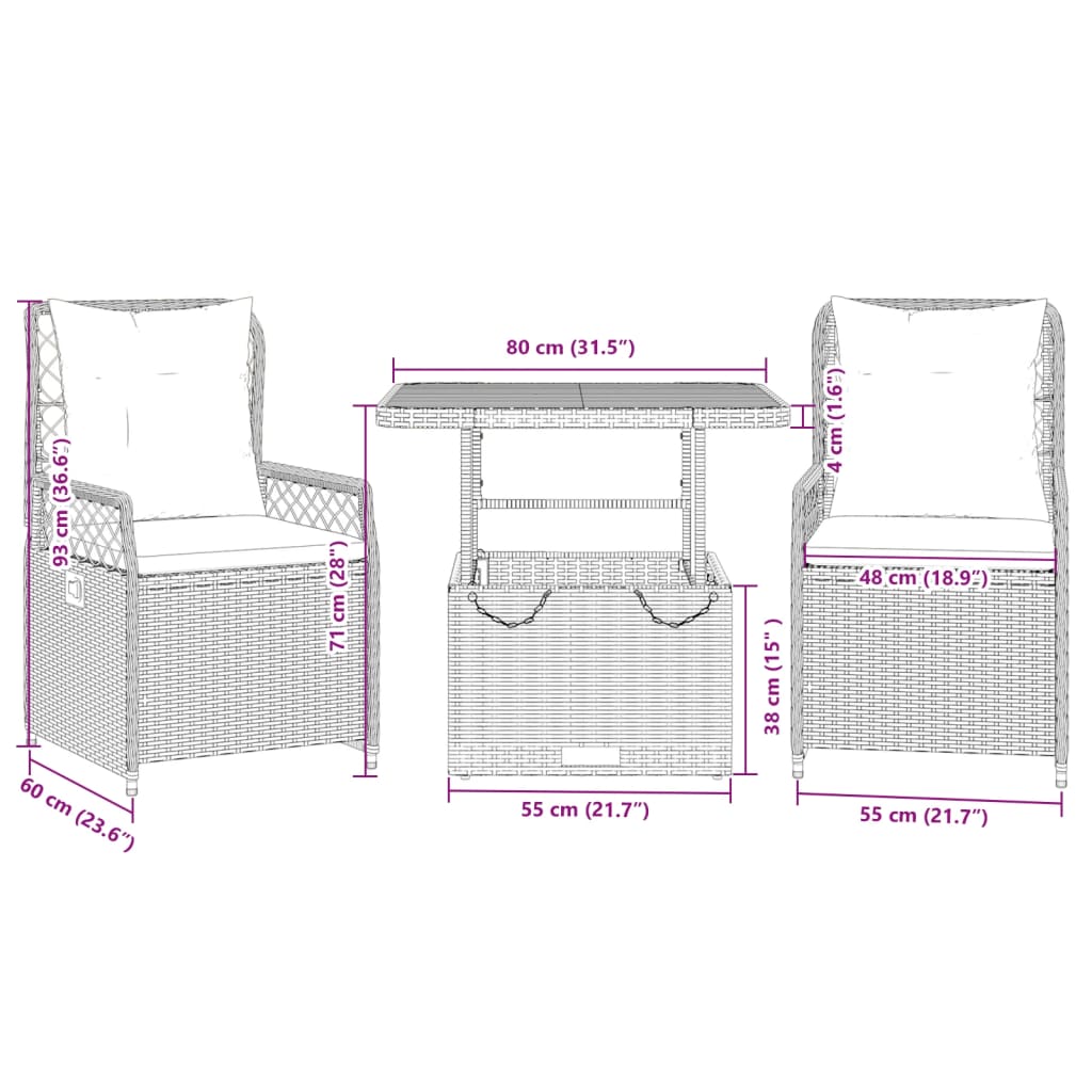 3-Delige Tuinset Met Kussens Poly Rattan