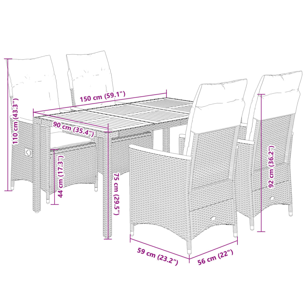 5-Delige Tuinset Met Kussens Poly Rattan Grijs
