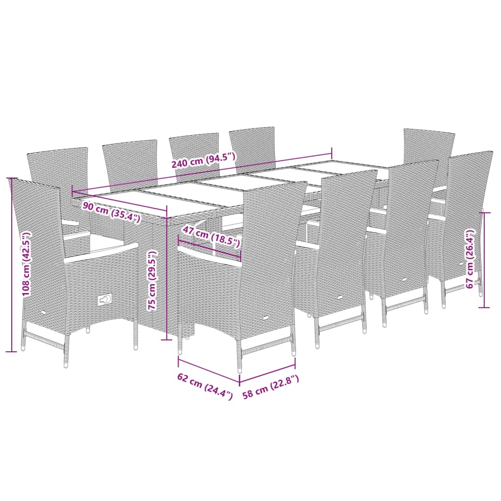 11-Delige Tuinset Met Kussens Poly Rattan Grijs