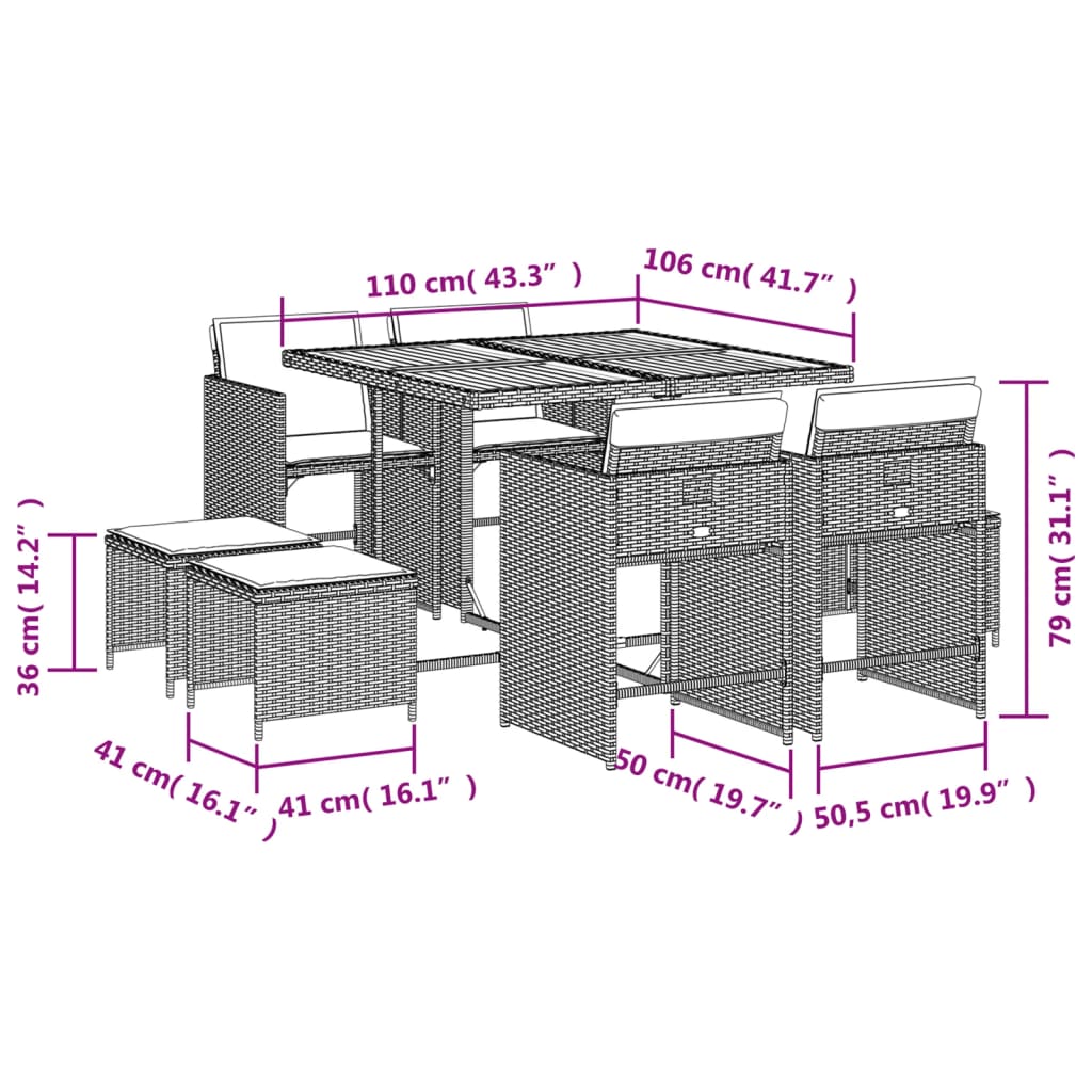 9-Delige Tuinset Met Kussens Poly Rattan