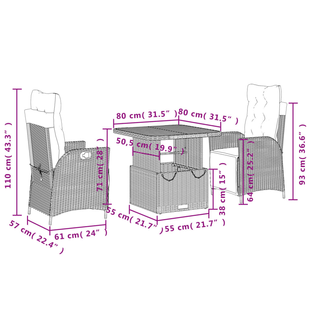 3-Delige Tuinset Met Kussens Poly Rattan Zwart