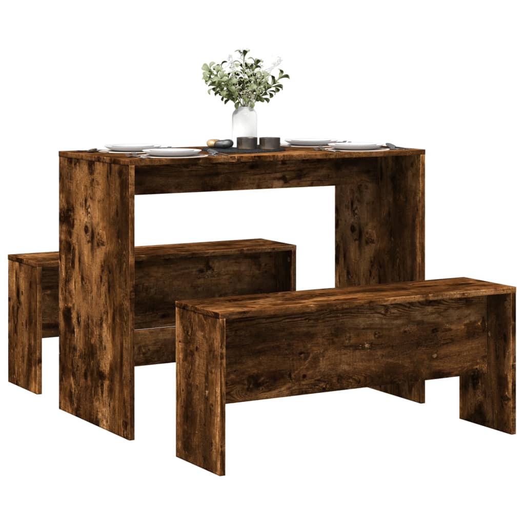 3-Delige Eettafel En Bankenset Bewerkt Hout
