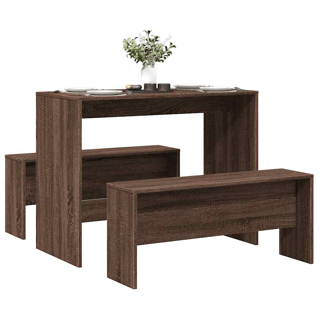 3-Delige Eettafel En Bankenset Bewerkt Hout