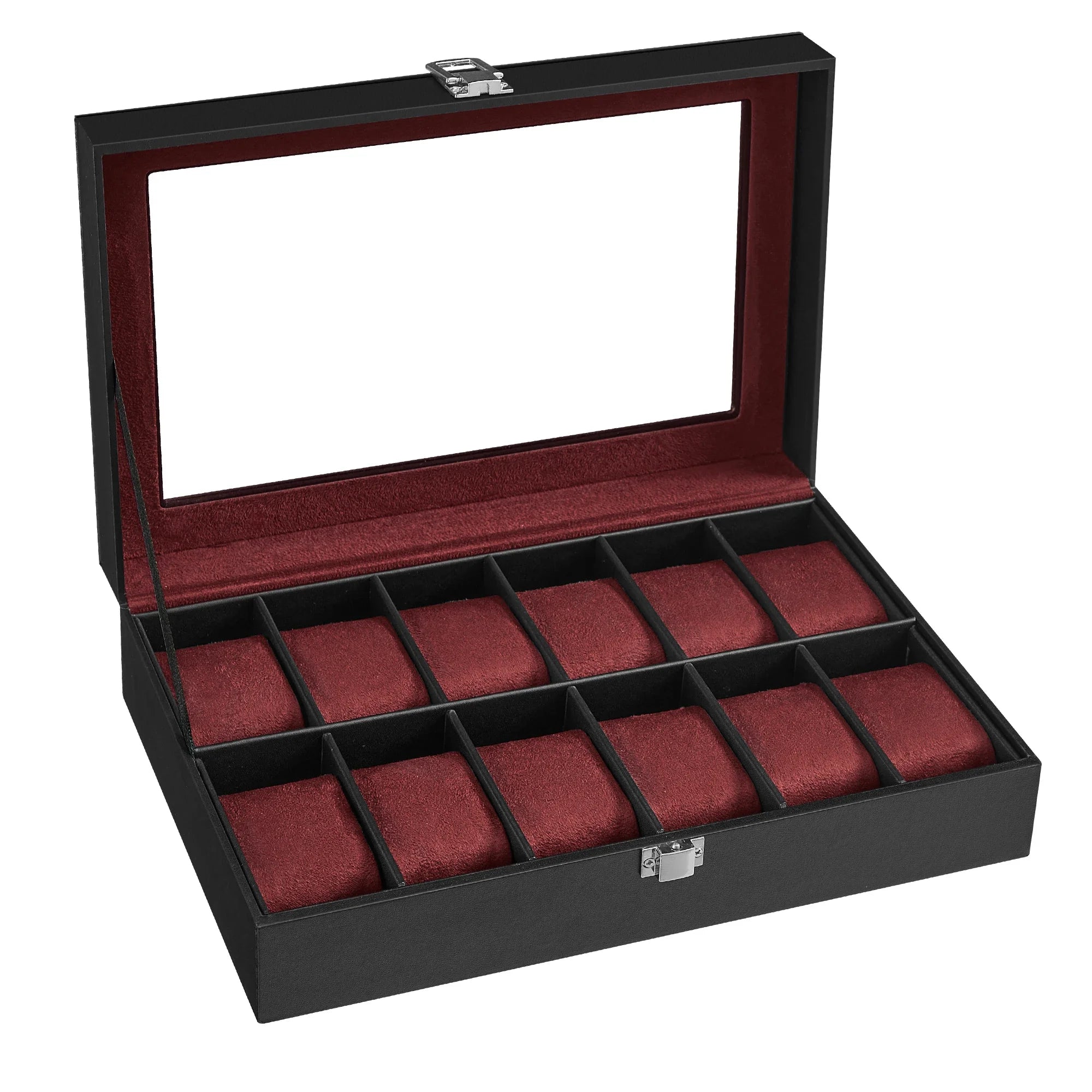 2026 New 12 Grid Watch Case with Glass Cover Removable Lining Metal Buckle Black Synthetic Leather and Lining