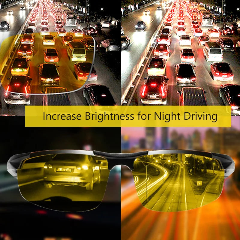 AOWEAR Mens Polarized Night Vision Glasses for Night Driving Rimless Aluminium Yellow Sunglasses Night Driver Anti-glare Eyewear