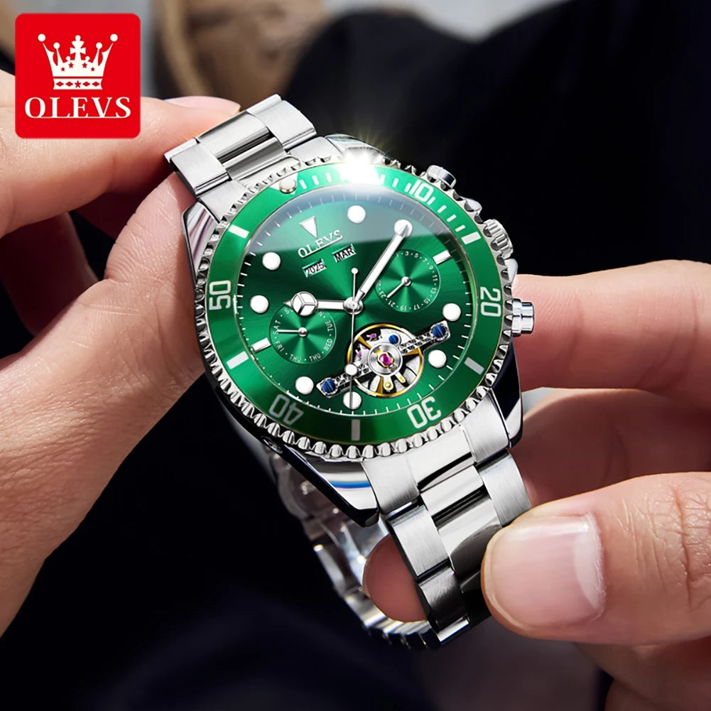 OLEVS 6605 Automatic Watches for Men Luxury Top Brand Original One-Way Rotation Bezel Skeleton Flywheel Mechanical Wristwatches