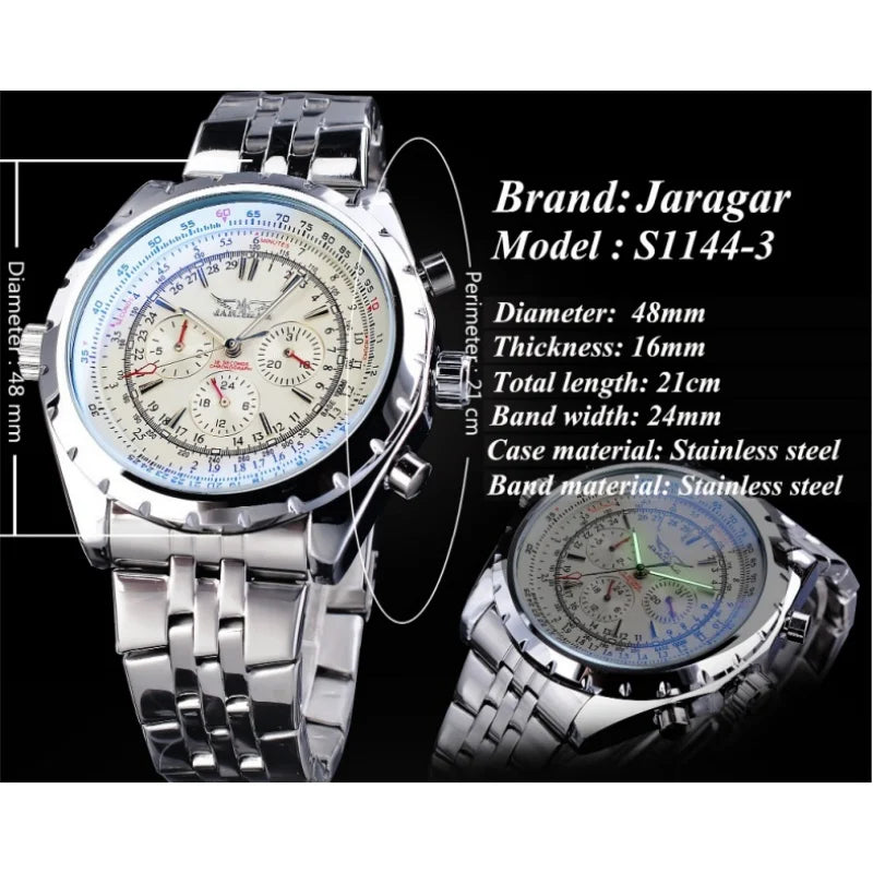 JARAGAR 212 Elegant Automatic Mechanical Watches for Man Hollowing Dial Chronograph Luminous Multifunctional Men Wristwatch