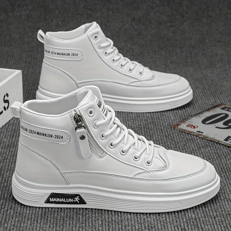 High-Top Sneakers for Men Designed for All Seasons, Featuring a Non-Slip PU Sole And a White Laceless Design Suitable for Urban
