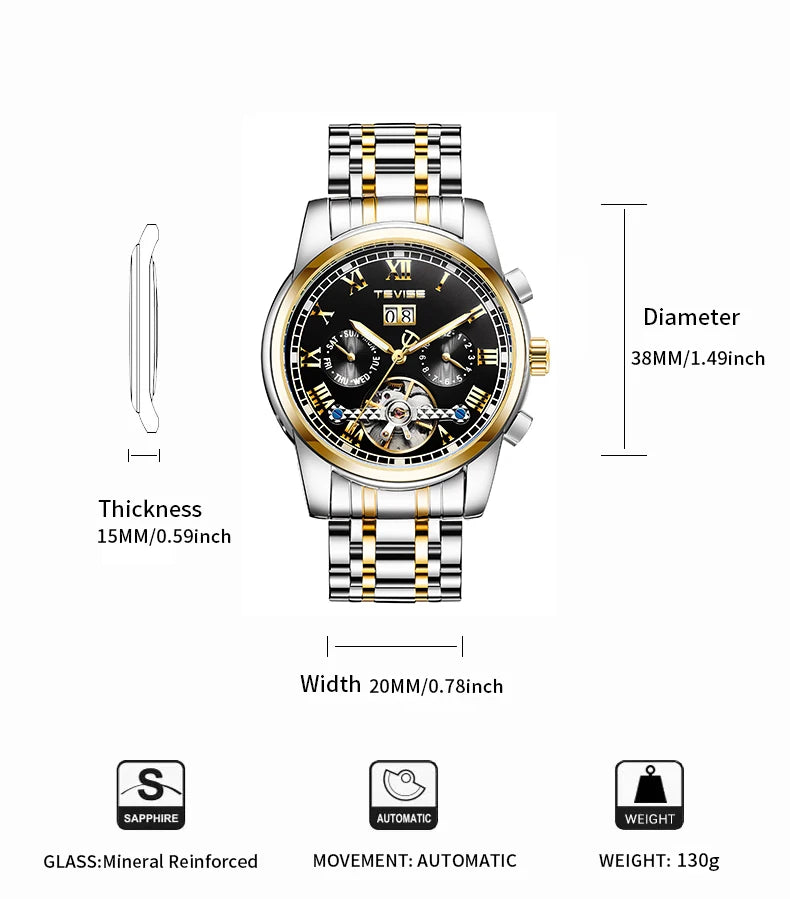 TEVISE Mechanical Watch for Man Top Brand Luxury Watch Stainles Steel Business Waterproof Luminous Wristwatch
