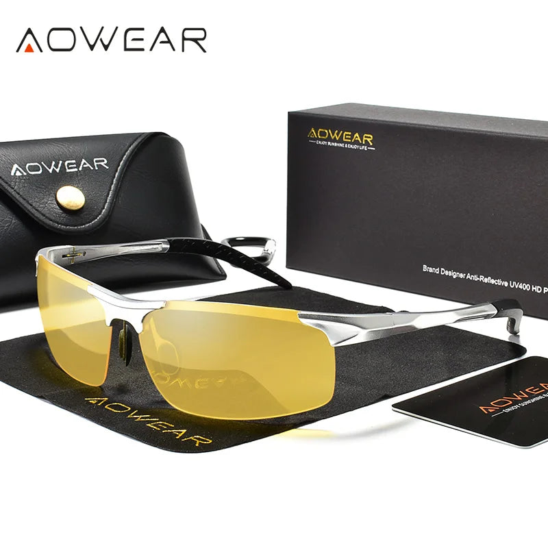 AOWEAR Mens Polarized Night Vision Glasses for Night Driving Rimless Aluminium Yellow Sunglasses Night Driver Anti-glare Eyewear