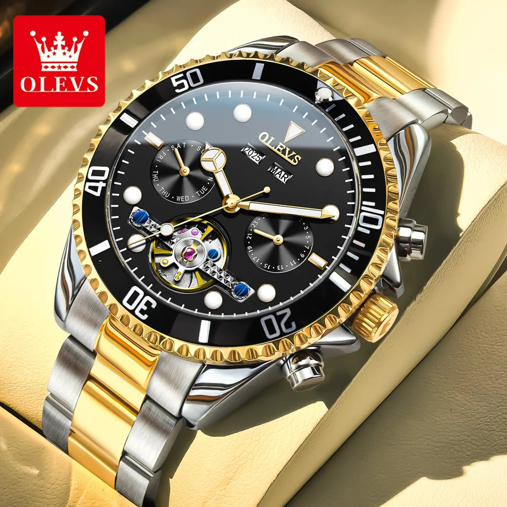 OLEVS 6605 Automatic Watches for Men Luxury Top Brand Original One-Way Rotation Bezel Skeleton Flywheel Mechanical Wristwatches