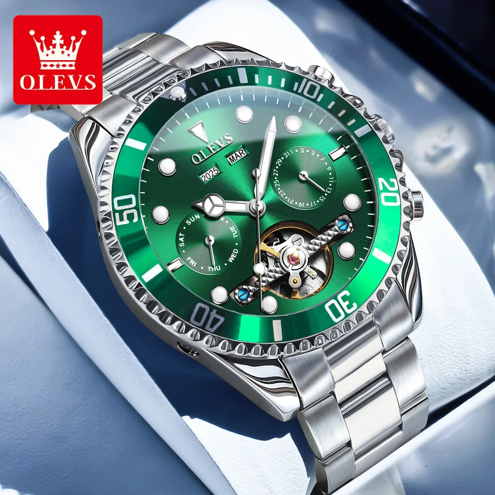 OLEVS 6605 Automatic Watches for Men Luxury Top Brand Original One-Way Rotation Bezel Skeleton Flywheel Mechanical Wristwatches