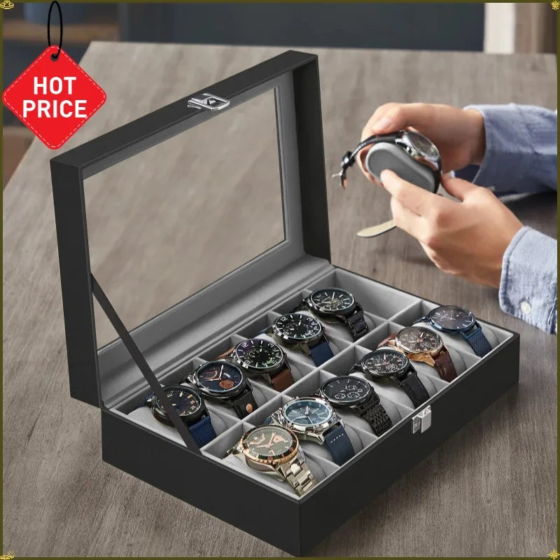 2026 New 12 Grid Watch Case with Glass Cover Removable Lining Metal Buckle Black Synthetic Leather and Lining