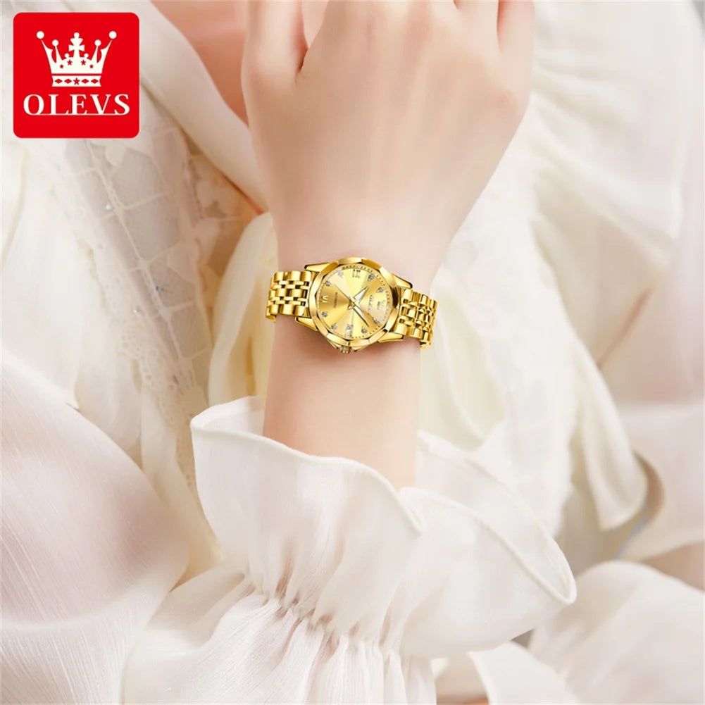 OLEVS 9982 Fully Automatic Mechanical Watches For Women Fashion Rhombus Mirror Waterproof Date Elegant Ladies Dress Wristwatches
