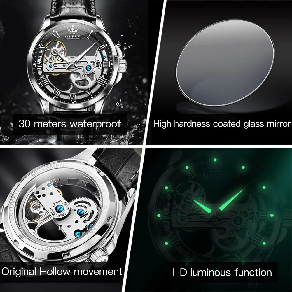 OLEVS 6661 Mechanical Wristwatch for Men Hollowed Flywheel Leather Strap Waterproof Luminous Business Men's Dress Watches