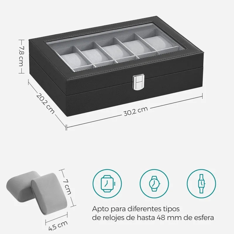 2026 New 12 Grid Watch Case with Glass Cover Removable Lining Metal Buckle Black Synthetic Leather and Lining