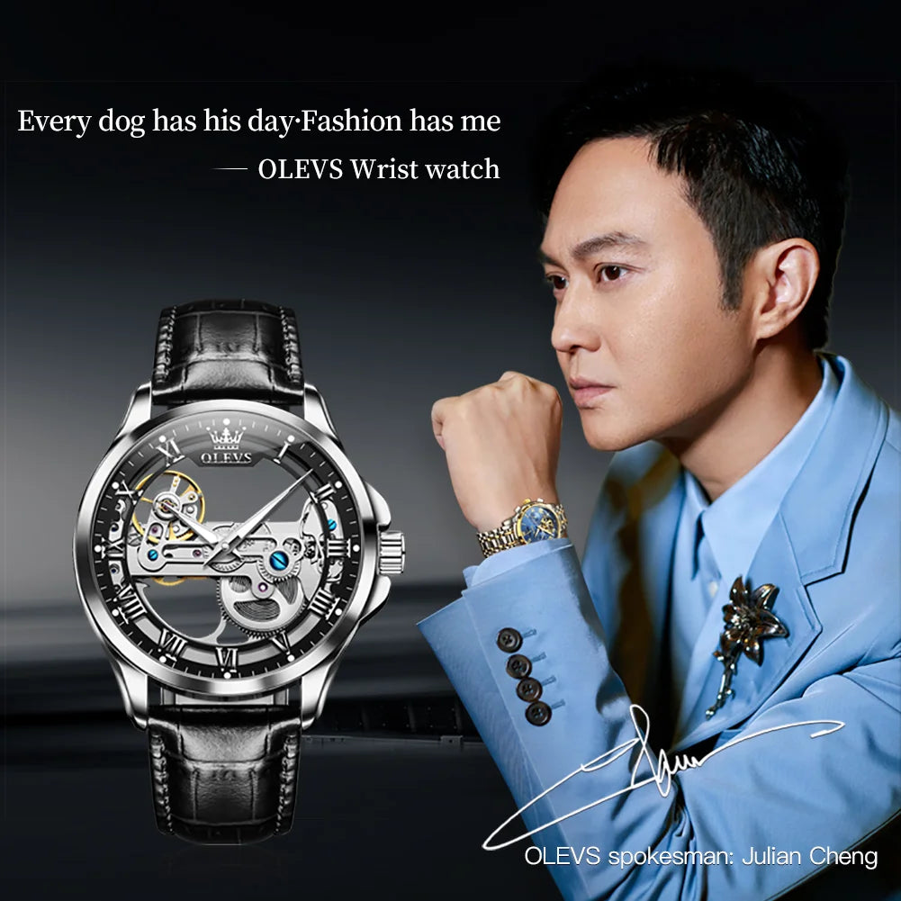 OLEVS 6661 Mechanical Wristwatch for Men Hollowed Flywheel Leather Strap Waterproof Luminous Business Men's Dress Watches