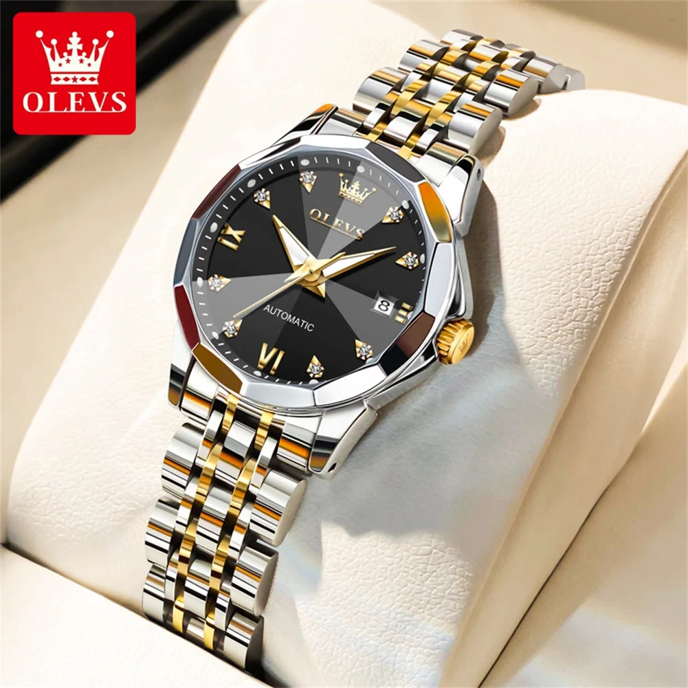 OLEVS 9982 Fully Automatic Mechanical Watches For Women Fashion Rhombus Mirror Waterproof Date Elegant Ladies Dress Wristwatches