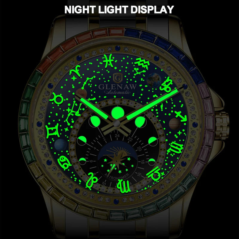 2025 New GLENAW Design Rainbow Circle Mechanical Watch Men Constellation dial Night Light Waterproof Top Luxury Mechanical Watch