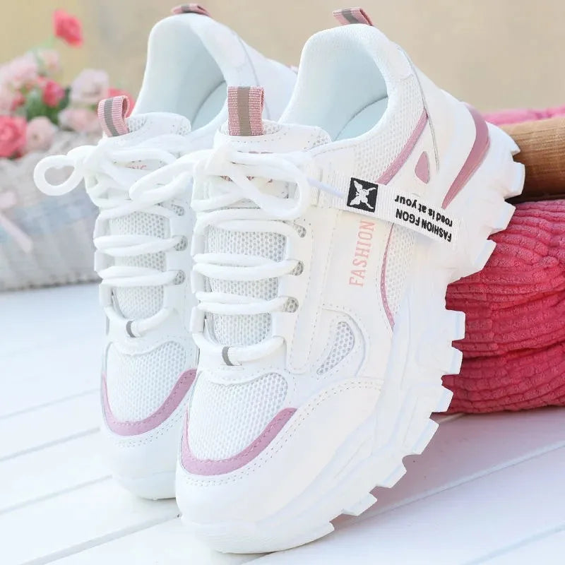 Women Sneakers Breath Thick Bottom Lightweight Sports Shoes 2025 New Lace-up Wedge Sneakers Women Comfortable Leisure Shoes