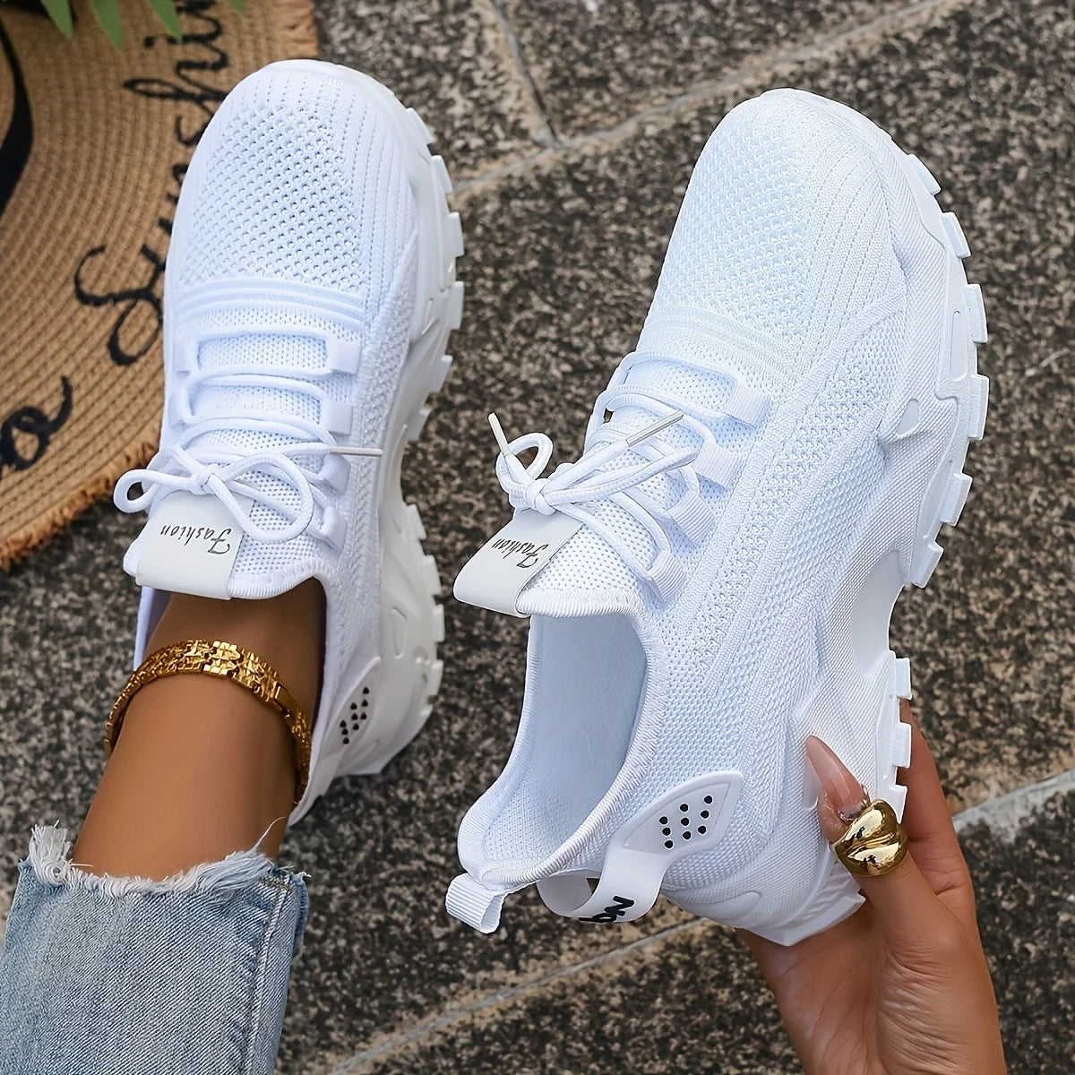 Fashion Women's Casual Knit Sneakers Breathable Lightweight Soft Sole Non Slip Outdoor Walking Shoes
