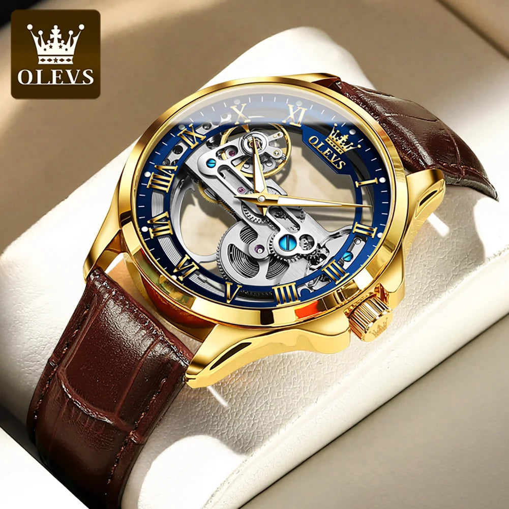 OLEVS 6661 Mechanical Wristwatch for Men Hollowed Flywheel Leather Strap Waterproof Luminous Business Men's Dress Watches