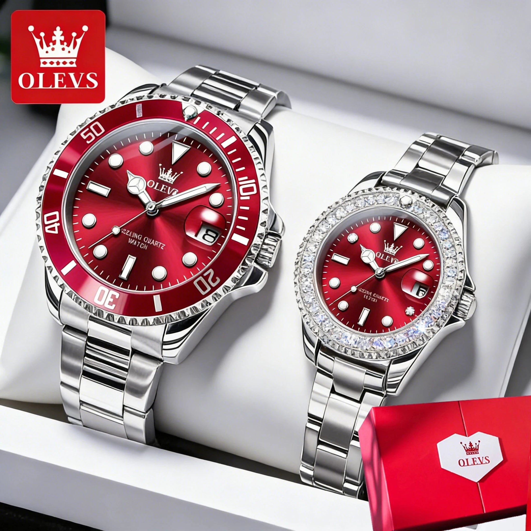 OLEVS Top Brand Couple Watches Trend Luxury Fine Steel Original Quartz Wristwatch for Lover Exquisite Gift Box Waterproof 2Pcs