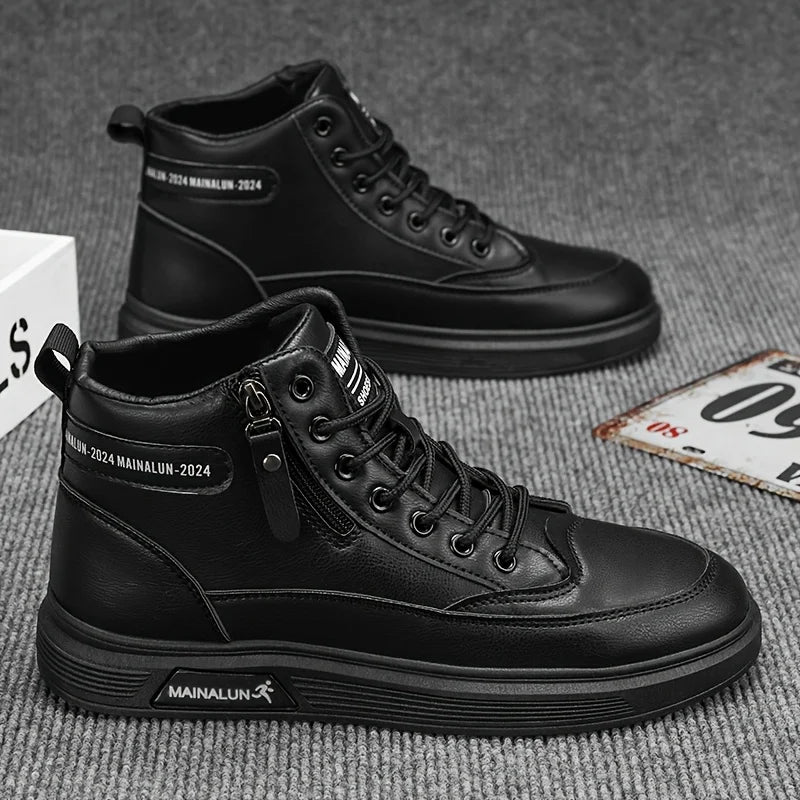 High-Top Sneakers for Men Designed for All Seasons, Featuring a Non-Slip PU Sole And a White Laceless Design Suitable for Urban
