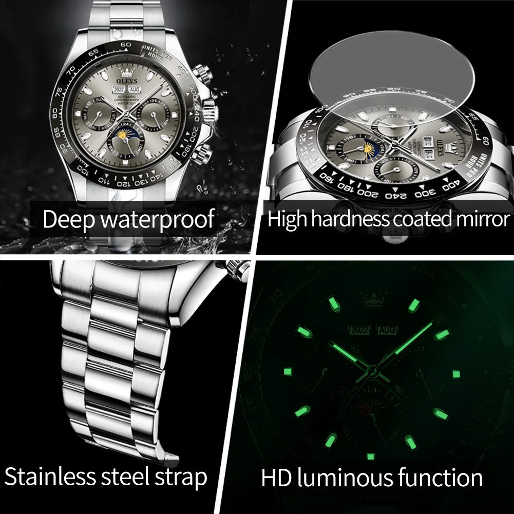 OLEVS 6654 Mens Watch Fashion Chronograph Automatic Mechanical Wristwatch Waterproof Luminous Function Top Brand Watch for Man