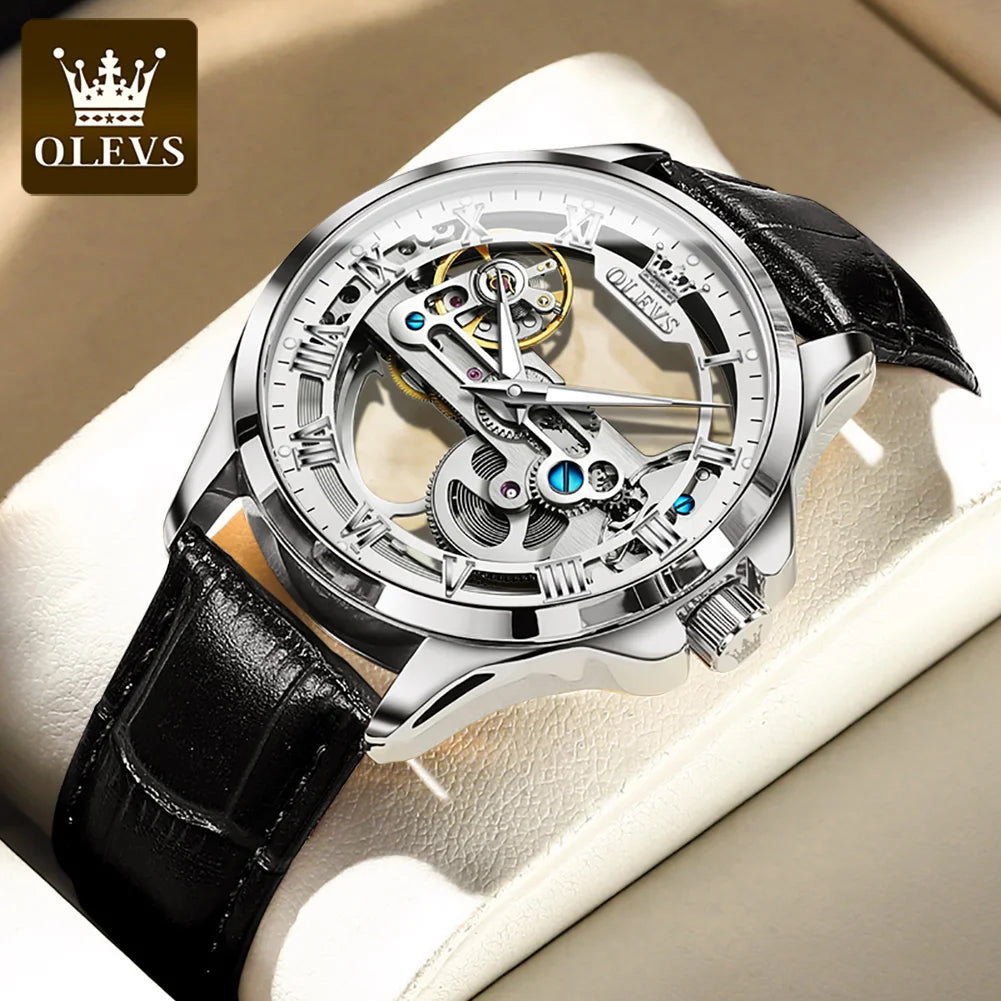 OLEVS 6661 Mechanical Wristwatch for Men Hollowed Flywheel Leather Strap Waterproof Luminous Business Men's Dress Watches