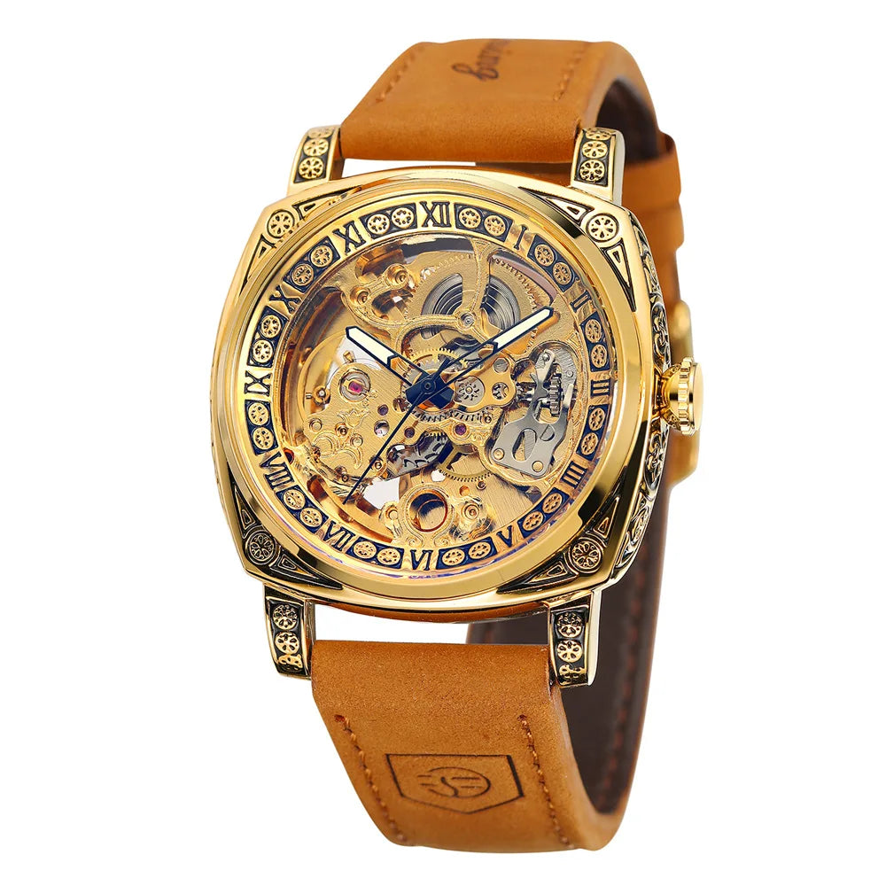 FORSINING Watches For Men Hollow Fully Automatic Mechanical Watch Luminous Waterproof Clock Leather Strap Men Watch Reloj Hombre