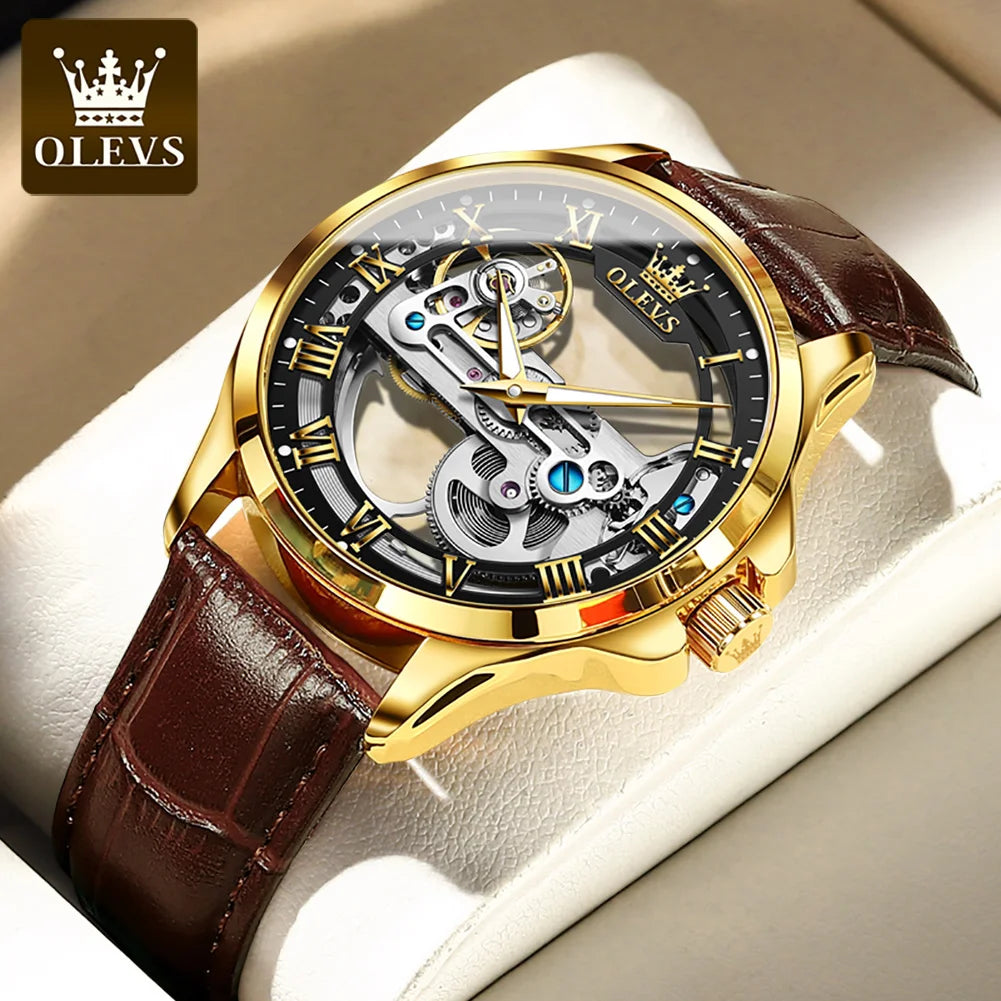 OLEVS 6661 Mechanical Wristwatch for Men Hollowed Flywheel Leather Strap Waterproof Luminous Business Men's Dress Watches