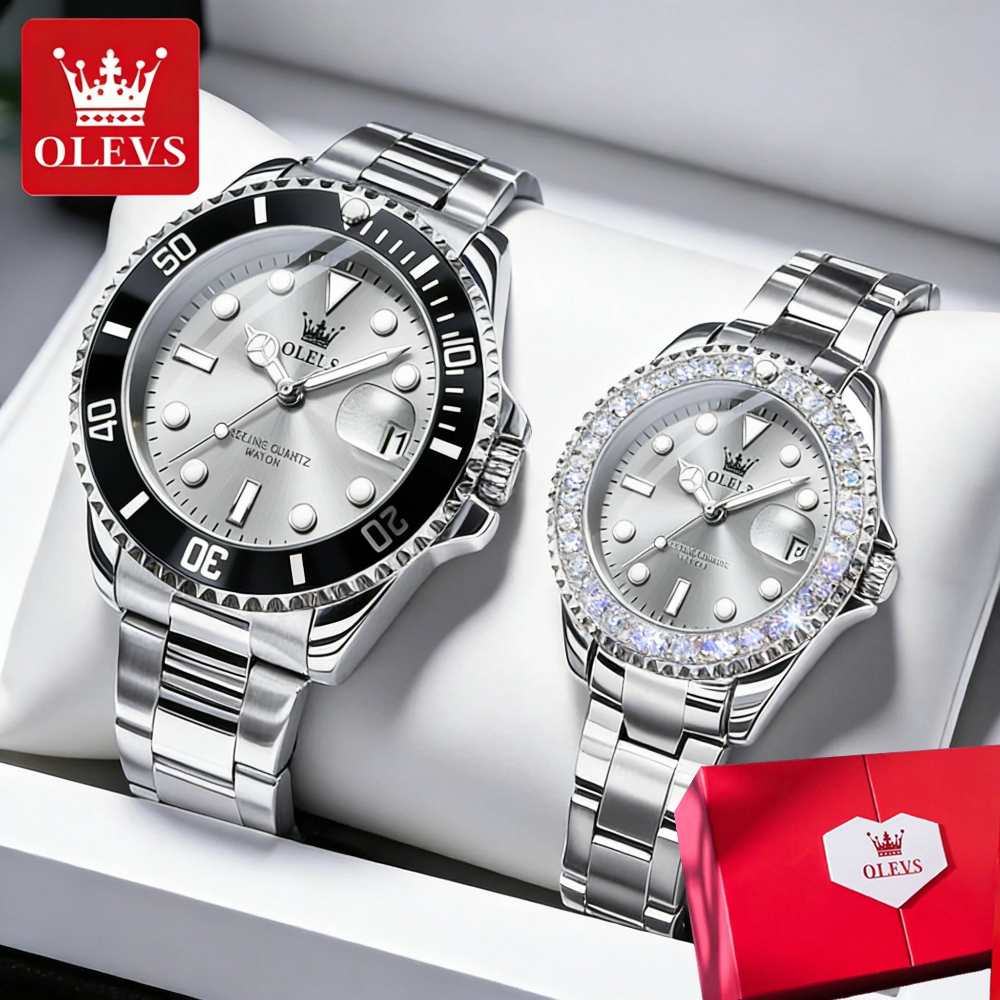 OLEVS Top Brand Couple Watches Trend Luxury Fine Steel Original Quartz Wristwatch for Lover Exquisite Gift Box Waterproof 2Pcs