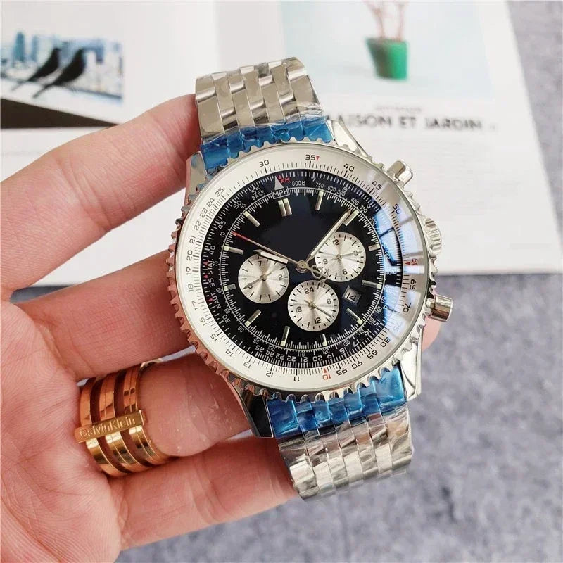Modern Sophisticated Updated Mens Chronograph Quartz Watches Rustproof Premium High Grade Steel Band Multi Function Stopwatch