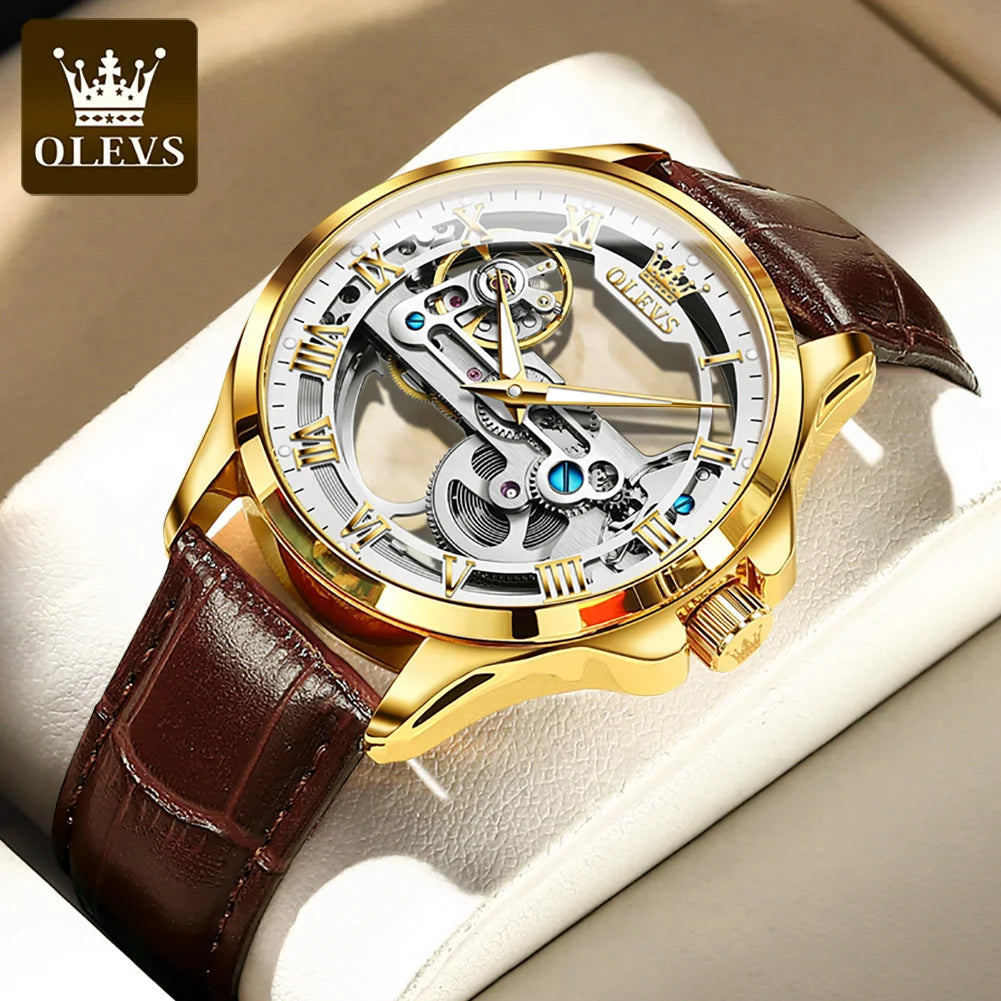 OLEVS 6661 Mechanical Wristwatch for Men Hollowed Flywheel Leather Strap Waterproof Luminous Business Men's Dress Watches