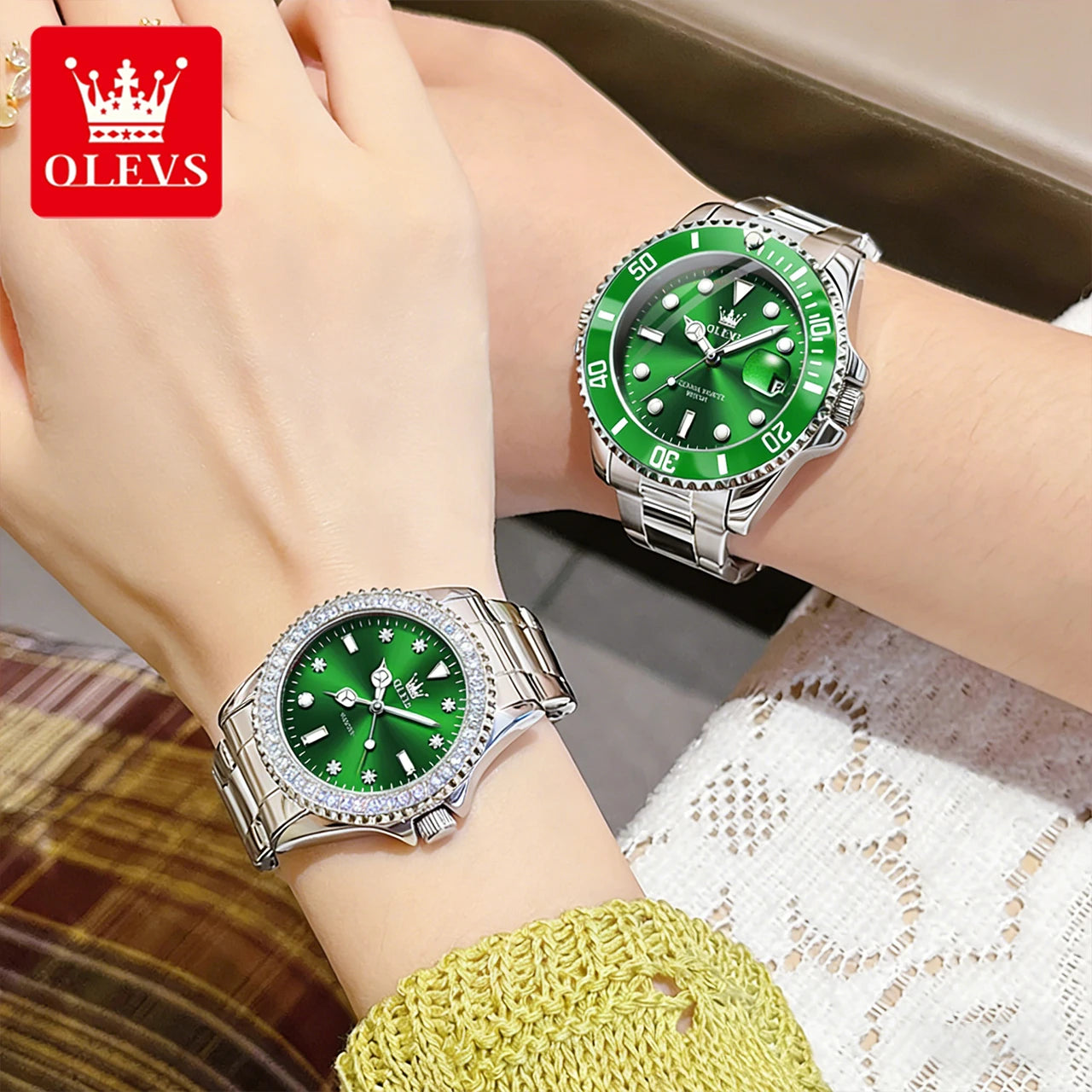 OLEVS Top Brand Couple Watches Trend Luxury Fine Steel Original Quartz Wristwatch for Lover Exquisite Gift Box Waterproof 2Pcs