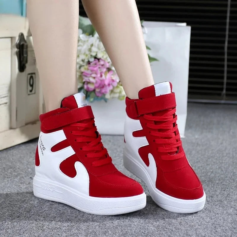 Red Sneakers Women 2024 New High Top Platform Casual Wedges Autumn Winter Female Black Internal Increase Vulcanize Shoes Lace-up