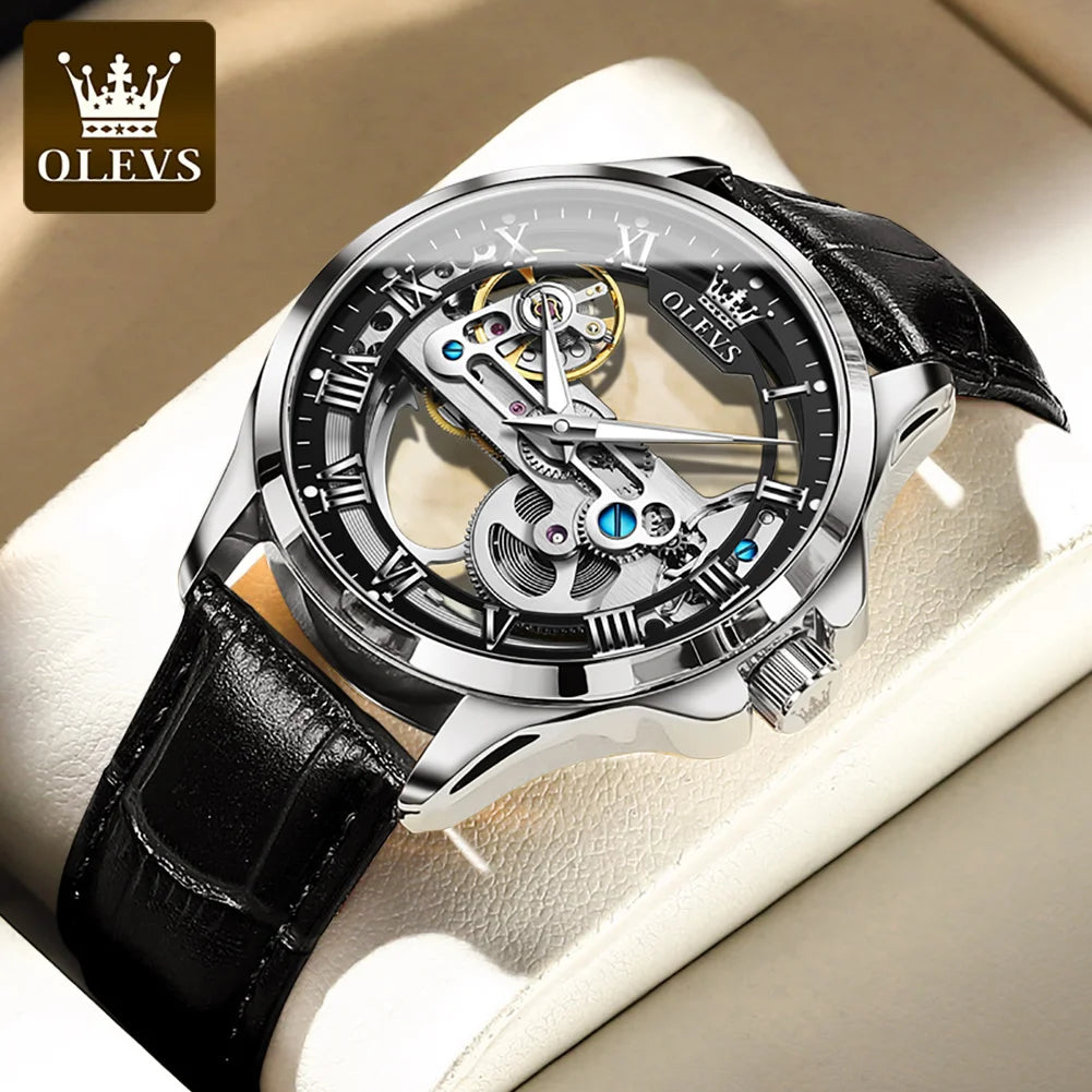 OLEVS 6661 Mechanical Wristwatch for Men Hollowed Flywheel Leather Strap Waterproof Luminous Business Men's Dress Watches