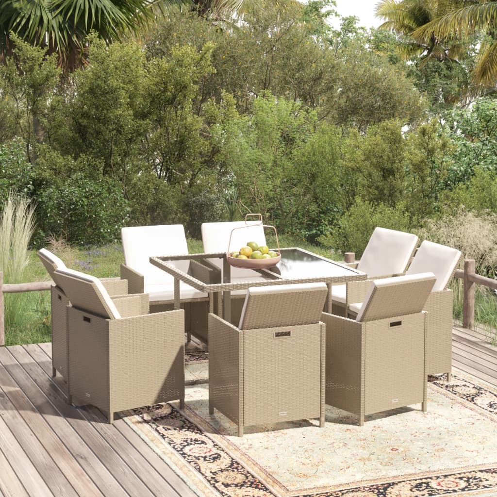 9-Delige Tuinset Met Kussens Poly Rattan Beige En Crèmewit